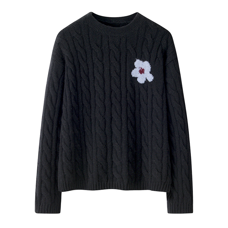 Pulover din cașmir cu glugă, tricot cu model floral răsucit, croială lejeră, guler rotund, mâneci lungi