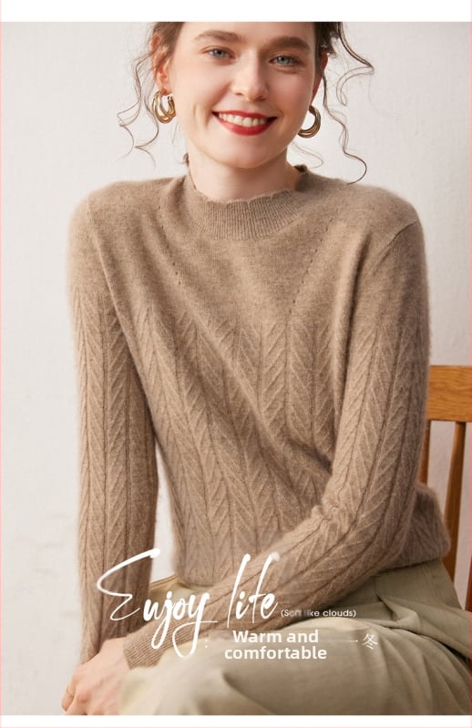 Pulover din cașmir cu glugă, guler semi-înalt, mâneci lungi, 90–95% cașmir