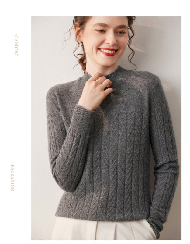 Pulover din cașmir cu glugă, guler semi-înalt, mâneci lungi, 90–95% cașmir