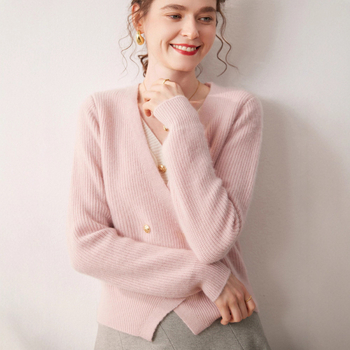 Cardigan de damă cu decolteu în V, tricot din cașmir, aspect de două piese false, croială lejeră, mâneci lungi