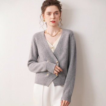 Cardigan de damă cu decolteu în V, tricot din cașmir, aspect de două piese false, croială lejeră, mâneci lungi