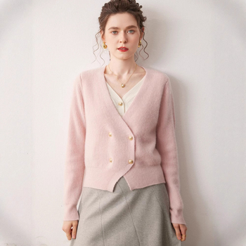 Cardigan de damă cu decolteu în V, tricot din cașmir, aspect de două piese false, croială lejeră, mâneci lungi