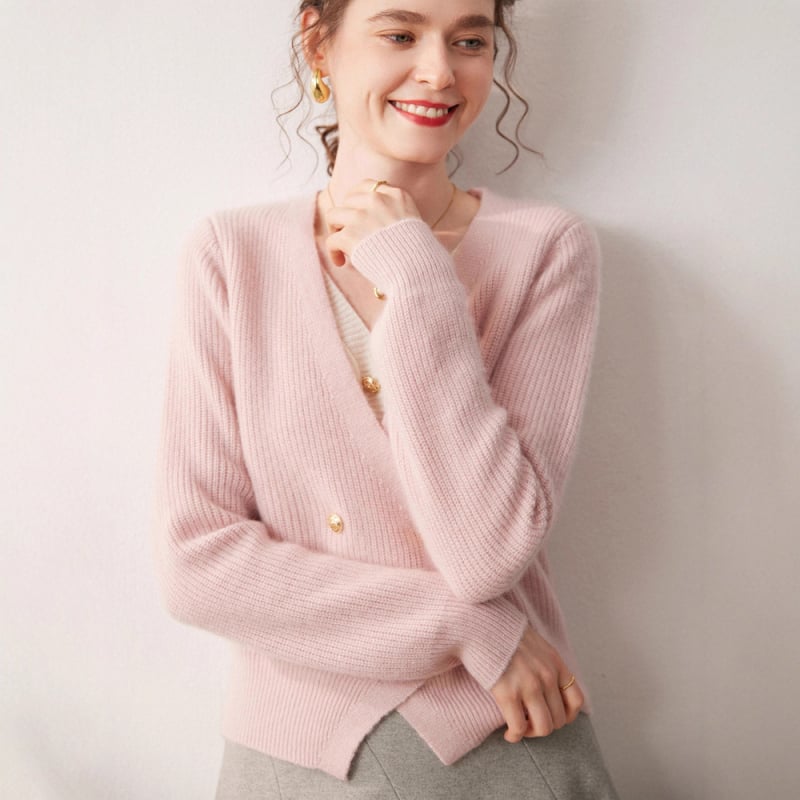 Cardigan de damă cu decolteu în V, tricot din cașmir, aspect de două piese false, croială lejeră, mâneci lungi