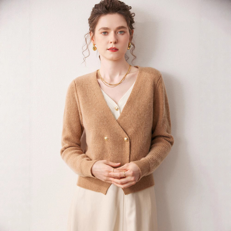 Cardigan de damă cu decolteu în V, tricot din cașmir, aspect de două piese false, croială lejeră, mâneci lungi