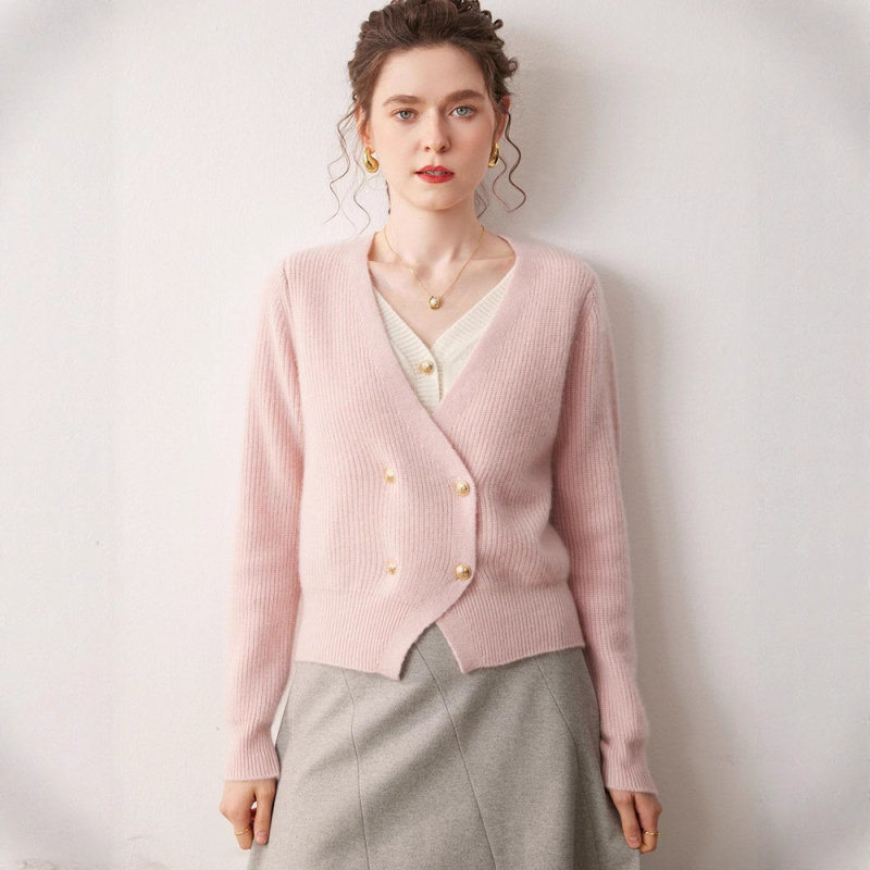 Cardigan de damă cu decolteu în V, tricot din cașmir, aspect de două piese false, croială lejeră, mâneci lungi