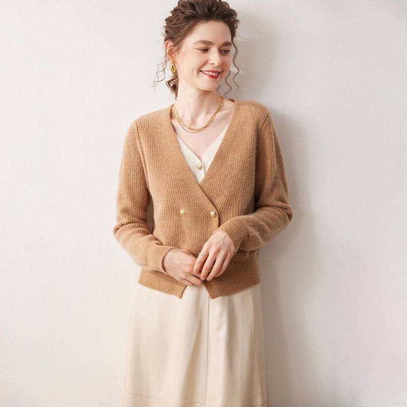 Cardigan de damă cu decolteu în V, tricot din cașmir, aspect de două piese false, croială lejeră, mâneci lungi