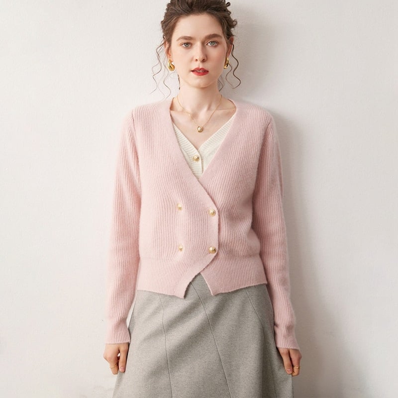 Cardigan de damă cu decolteu în V, tricot din cașmir, aspect de două piese false, croială lejeră, mâneci lungi