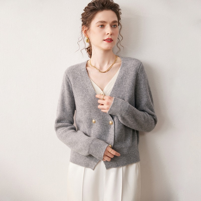 Cardigan de damă cu decolteu în V, tricot din cașmir, aspect de două piese false, croială lejeră, mâneci lungi