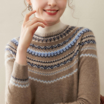 Pulover damă cu jacquard dungat din amestec de cașmir și lână, guler semi‑turtleneck, mâneci raglan, stil urban elegant pentru purtare zilnică