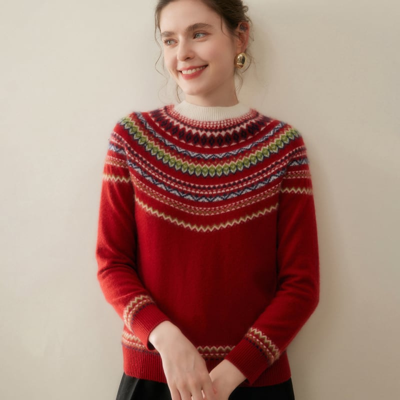 Pulover damă cu jacquard dungat din amestec de cașmir și lână, guler semi‑turtleneck, mâneci raglan, stil urban elegant pentru purtare zilnică