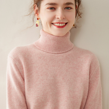 Pulover de damă din cașmir, cu guler înalt și rever, tricot gros, mâneci lungi, lungime normală, amestec cașmir 30–50%