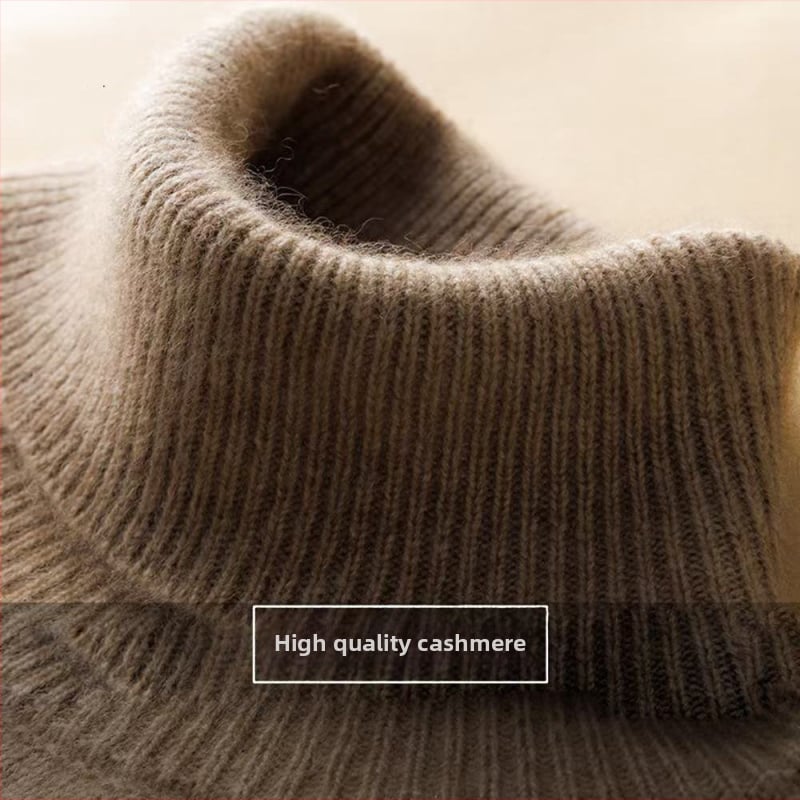 Pulover de damă din cașmir, cu guler înalt și rever, tricot gros, mâneci lungi, lungime normală, amestec cașmir 30–50%