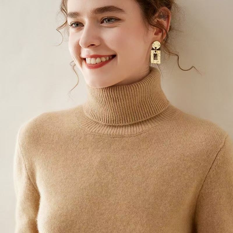 Pulover de damă din cașmir, cu guler înalt și rever, tricot gros, mâneci lungi, lungime normală, amestec cașmir 30–50%