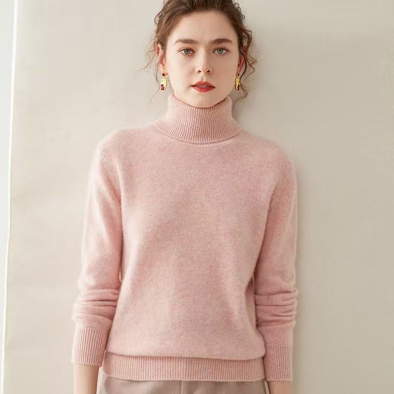 Pulover de damă din cașmir, cu guler înalt și rever, tricot gros, mâneci lungi, lungime normală, amestec cașmir 30–50%