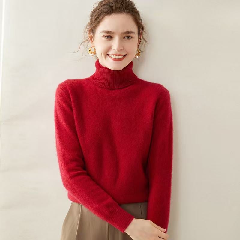 Pulover de damă din cașmir, cu guler înalt și rever, tricot gros, mâneci lungi, lungime normală, amestec cașmir 30–50%