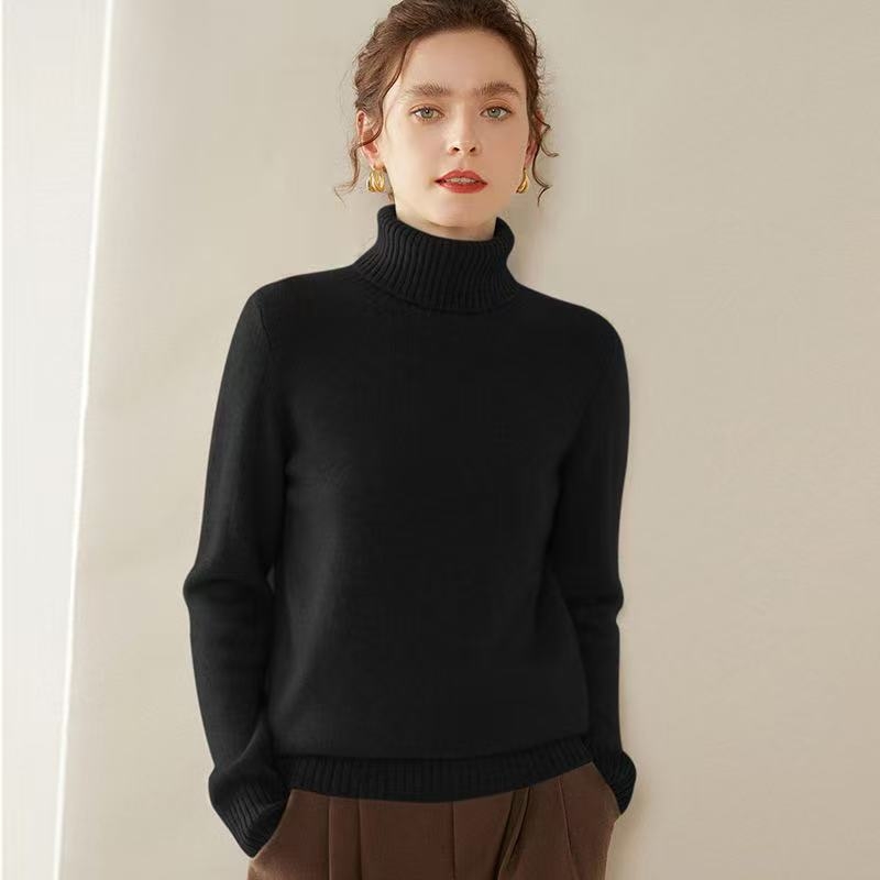 Pulover de damă din cașmir, cu guler înalt și rever, tricot gros, mâneci lungi, lungime normală, amestec cașmir 30–50%