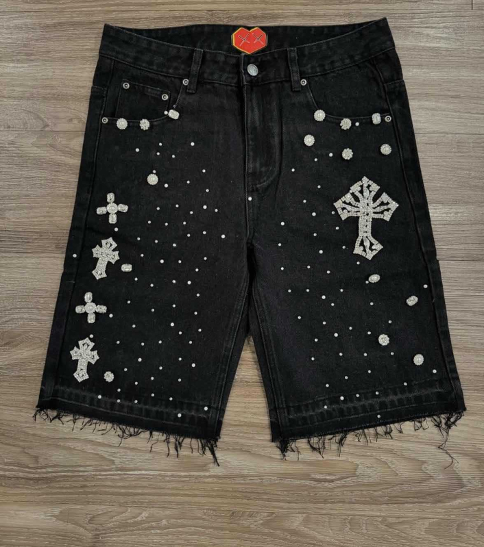 Férfiaknak szóló egyenes szabású farmerrövidnadrág, középhosszú, utcai stílus, pamutból készült denim