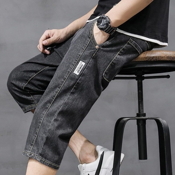 Muške cropped denim hlače - ravni kroj, srednji pas, pamuk, oprano, mikroelastičnost