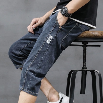 Muške cropped denim hlače - ravni kroj, srednji pas, pamuk, oprano, mikroelastičnost