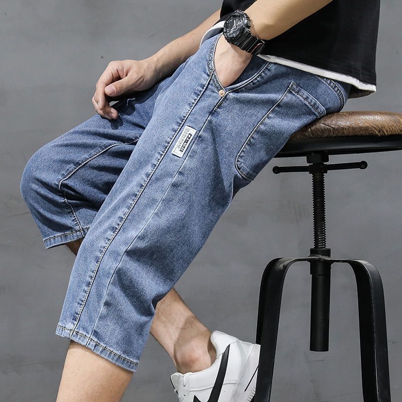 Muške cropped denim hlače - ravni kroj, srednji pas, pamuk, oprano, mikroelastičnost