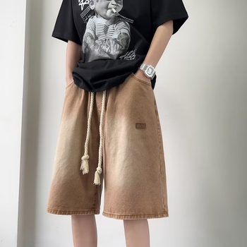 Muške traper šorce u japanskom retro stilu, opušten kroj, srednji pojas, šnira za podešavanje, ljeto, 75% pamuk 25% poliester