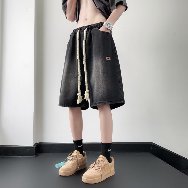Muške traper šorce u japanskom retro stilu, opušten kroj, srednji pojas, šnira za podešavanje, ljeto, 75% pamuk 25% poliester