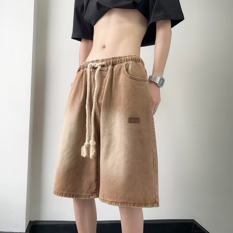 Muške traper šorce u japanskom retro stilu, opušten kroj, srednji pojas, šnira za podešavanje, ljeto, 75% pamuk 25% poliester