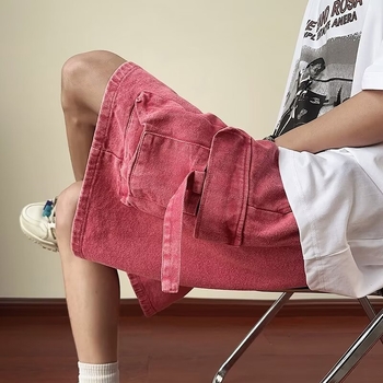 Retro džins šorc s višestrukim džepovima, opuštena silueta, šnura, kratko krojenje, 65% poliester