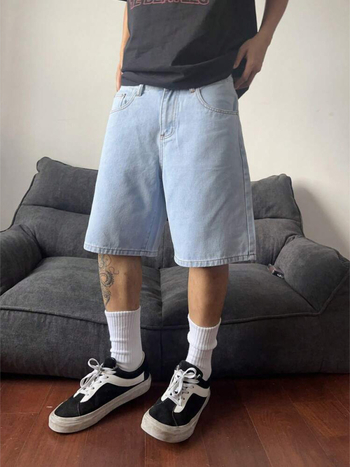 Férfi denim rövidnadrág – retro koreai stílus, 80% pamut, egyenes szabás, középmagas derék, gombos zárás