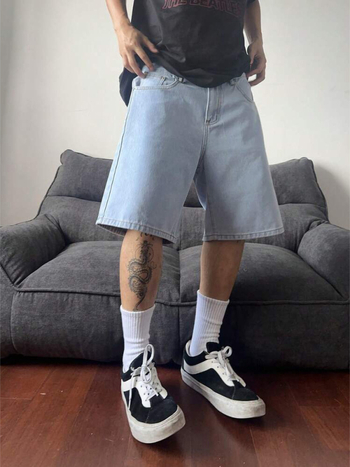 Férfi denim rövidnadrág – retro koreai stílus, 80% pamut, egyenes szabás, középmagas derék, gombos zárás