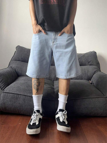 Férfi denim rövidnadrág – retro koreai stílus, 80% pamut, egyenes szabás, középmagas derék, gombos zárás
