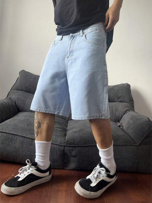 Férfi denim rövidnadrág – retro koreai stílus, 80% pamut, egyenes szabás, középmagas derék, gombos zárás