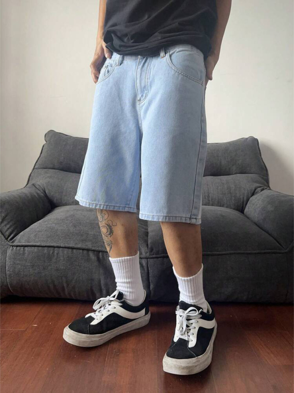 Férfi denim rövidnadrág – retro koreai stílus, 80% pamut, egyenes szabás, középmagas derék, gombos zárás