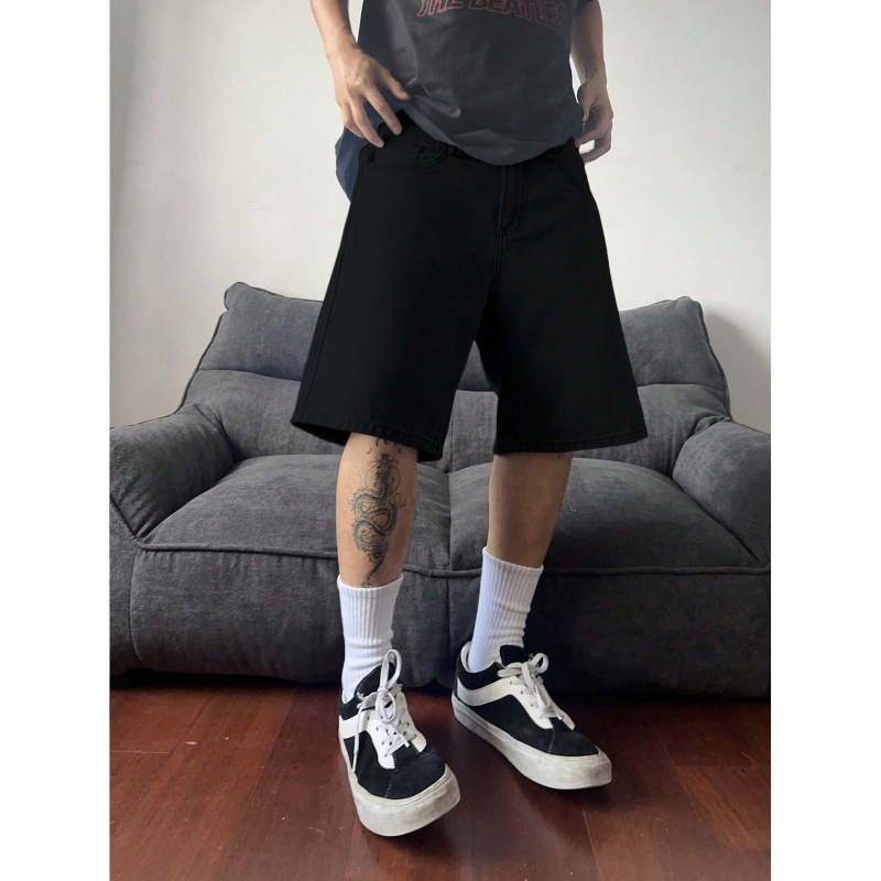Férfi denim rövidnadrág – retro koreai stílus, 80% pamut, egyenes szabás, középmagas derék, gombos zárás