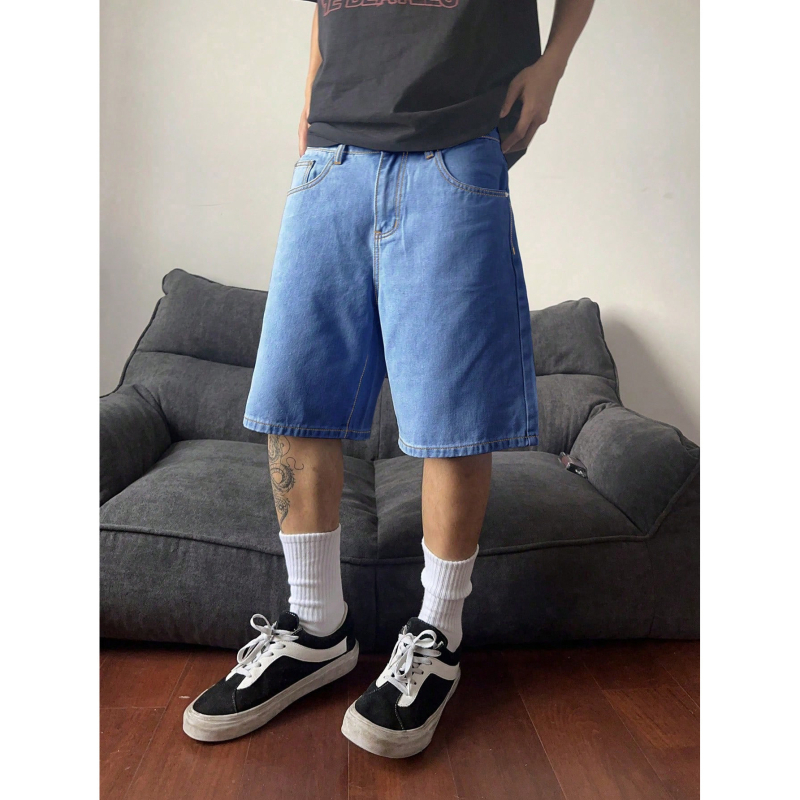 Férfi denim rövidnadrág – retro koreai stílus, 80% pamut, egyenes szabás, középmagas derék, gombos zárás