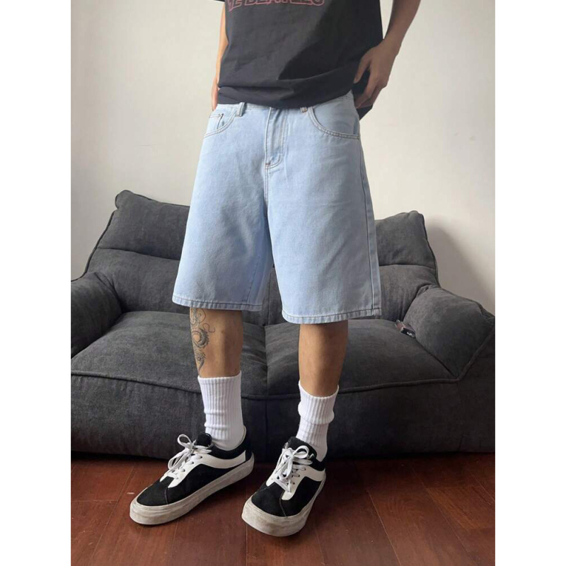 Férfi denim rövidnadrág – retro koreai stílus, 80% pamut, egyenes szabás, középmagas derék, gombos zárás