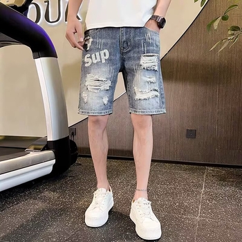 Șorturi denim pentru bărbați, croială dreaptă, 55% bumbac, stil vintage, vară 2025