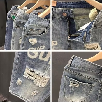 Șorturi denim pentru bărbați, croială dreaptă, 55% bumbac, stil vintage, vară 2025