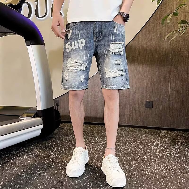 Șorturi denim pentru bărbați, croială dreaptă, 55% bumbac, stil vintage, vară 2025