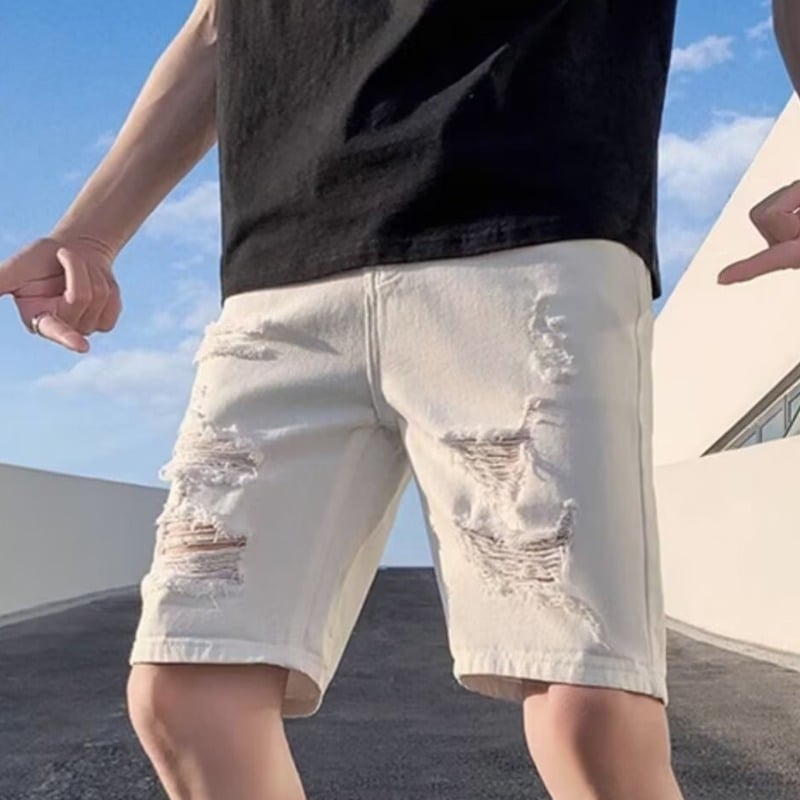 Șorturi denim pentru bărbați, croială dreaptă, 55% bumbac, stil vintage, vară 2025