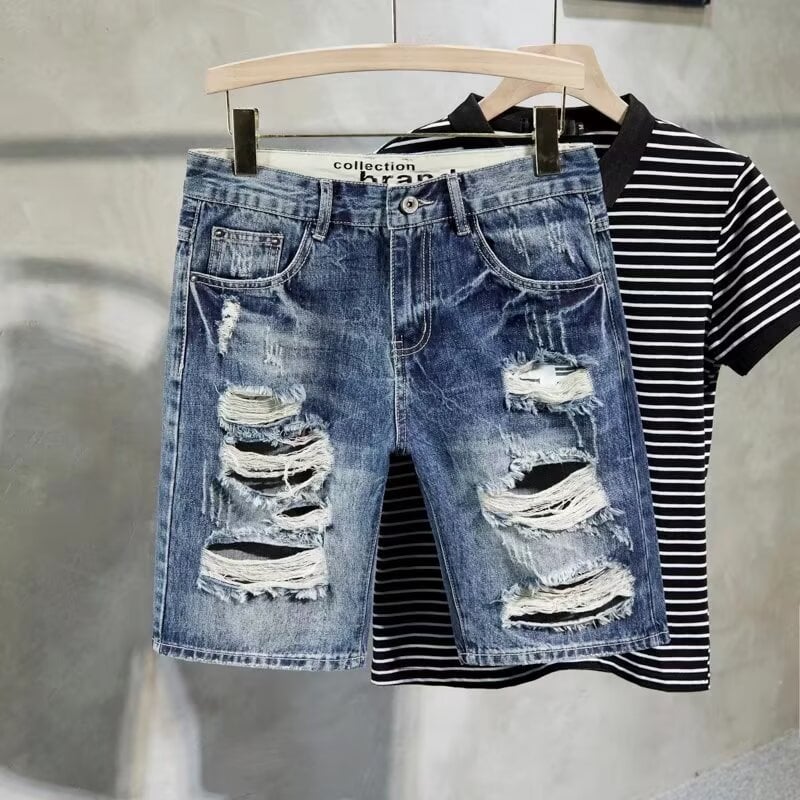 Șorturi denim pentru bărbați, croială dreaptă, 55% bumbac, stil vintage, vară 2025