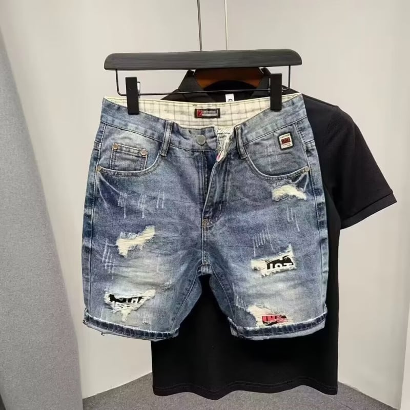 Șorturi denim pentru bărbați, croială dreaptă, 55% bumbac, stil vintage, vară 2025