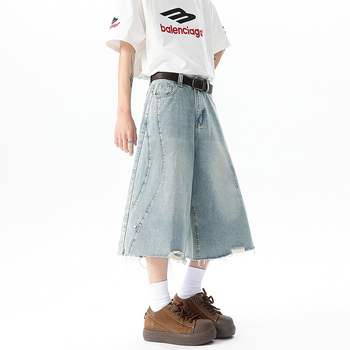 Ανδρικά τζιν κομμένα παντελόνια, φαρδιά γραμμή, μεσαία μέση, φερμουάρ, 80% βαμβάκι