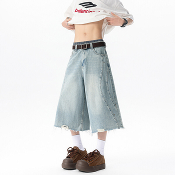 Ανδρικά τζιν κομμένα παντελόνια, φαρδιά γραμμή, μεσαία μέση, φερμουάρ, 80% βαμβάκι