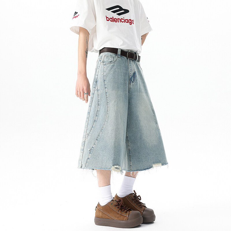 Ανδρικά τζιν κομμένα παντελόνια, φαρδιά γραμμή, μεσαία μέση, φερμουάρ, 80% βαμβάκι