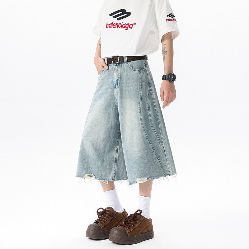 Ανδρικά τζιν κομμένα παντελόνια, φαρδιά γραμμή, μεσαία μέση, φερμουάρ, 80% βαμβάκι