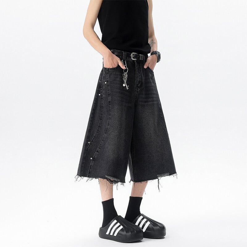 Ανδρικά τζιν κομμένα παντελόνια, φαρδιά γραμμή, μεσαία μέση, φερμουάρ, 80% βαμβάκι