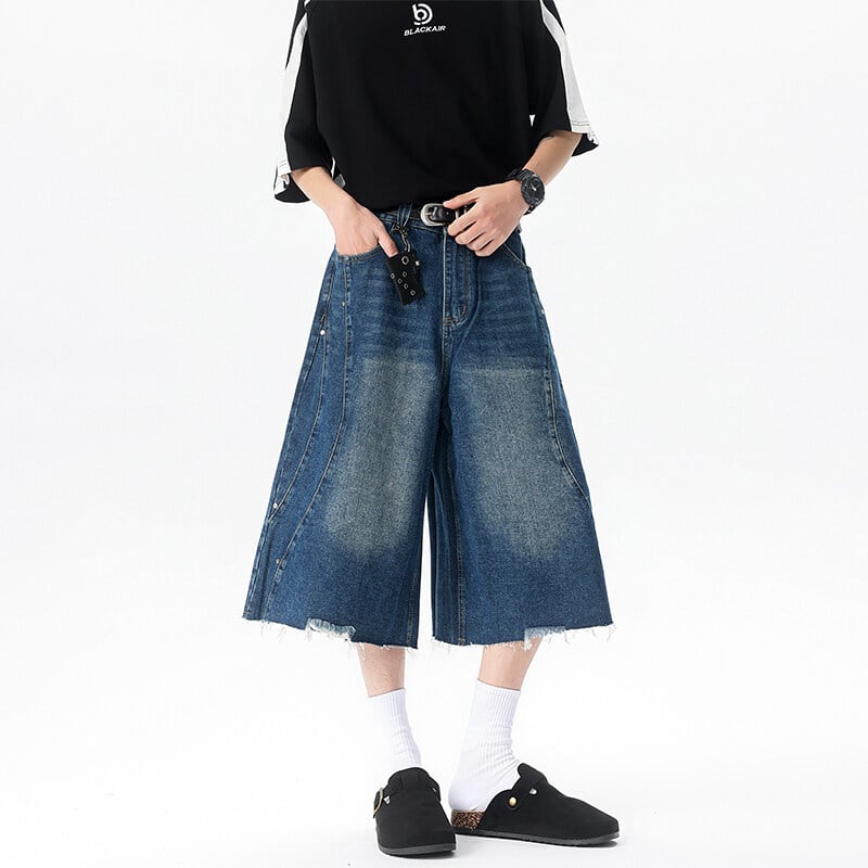 Ανδρικά τζιν κομμένα παντελόνια, φαρδιά γραμμή, μεσαία μέση, φερμουάρ, 80% βαμβάκι