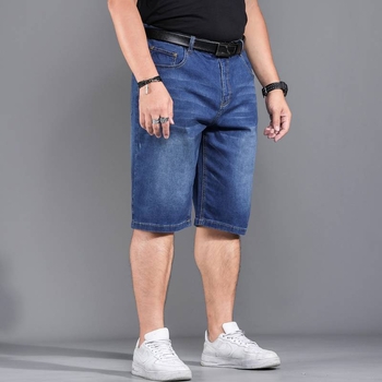 Ανδρικά τζιν σορτς με ψηλή μέση, μήκος 7/8, άνετη ευθεία γραμμή, ύφασμα ντεμίμ-βαμβάκι, ενζυματικό πλύσιμο