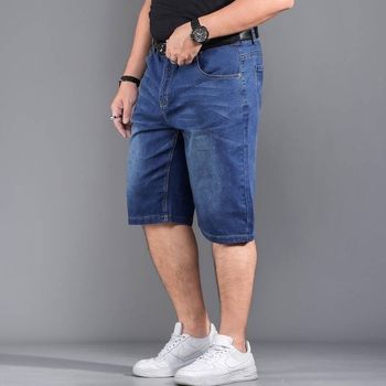 Ανδρικά τζιν σορτς με ψηλή μέση, μήκος 7/8, άνετη ευθεία γραμμή, ύφασμα ντεμίμ-βαμβάκι, ενζυματικό πλύσιμο